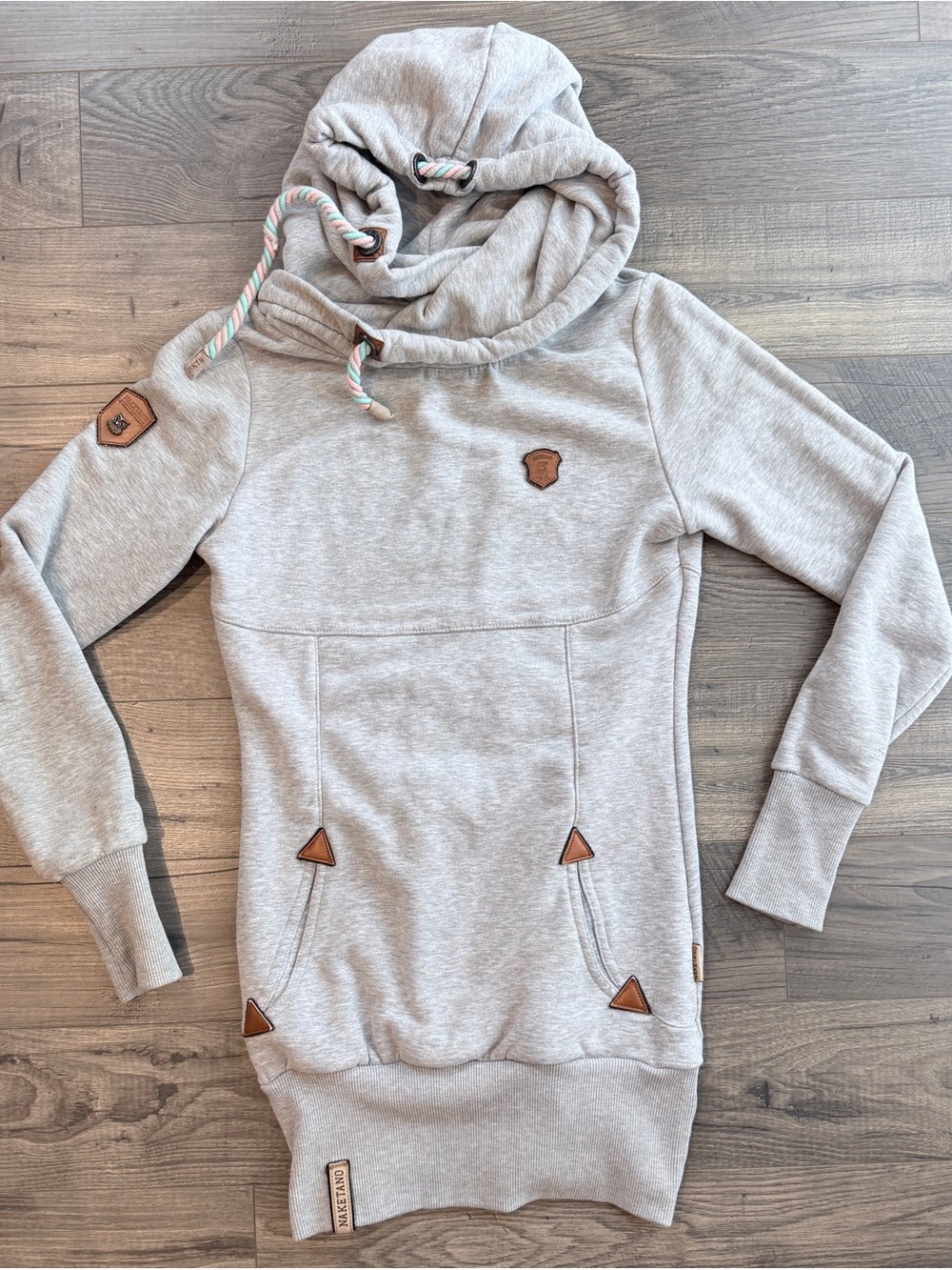 Naketano Longline Cowl Neck Hoodie Gray Tunic Sweatshirt Scandinavian S Patches